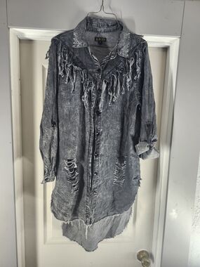 Kroix Washed Gray Distressed Shirt  with Fringe 1X